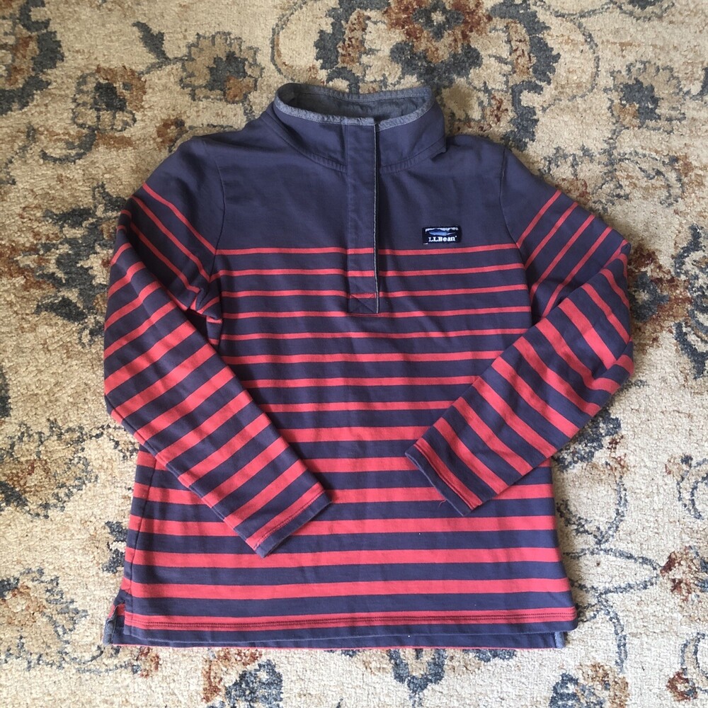 LL Bean Polo Rugby Shirt Long Sleeve Button Up Blue Red Stripes Mens Medium